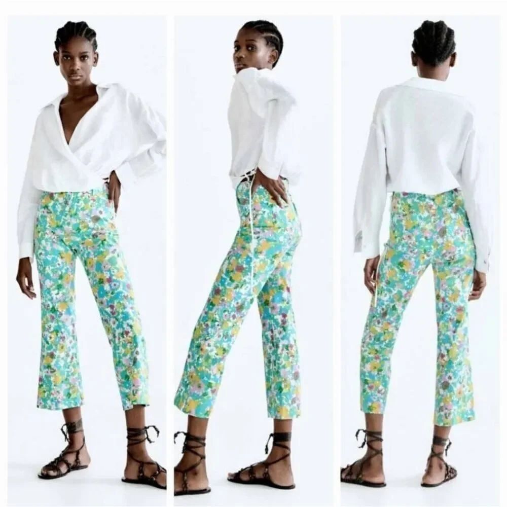 Zara Floral Linen Blend Flared Trousers